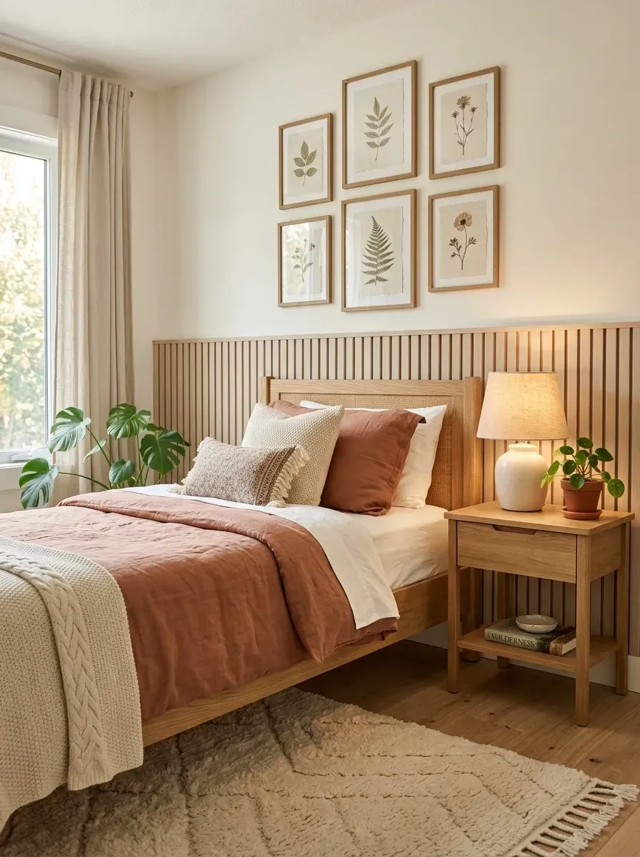 Teen bedroom with vertical wood slat feature headboard wall, queen-size cane-headboard bed, washed-linen bedding in baked-clay terracotta, walnut nightstand with ceramic table lamp, and a gallery of botanical prints
