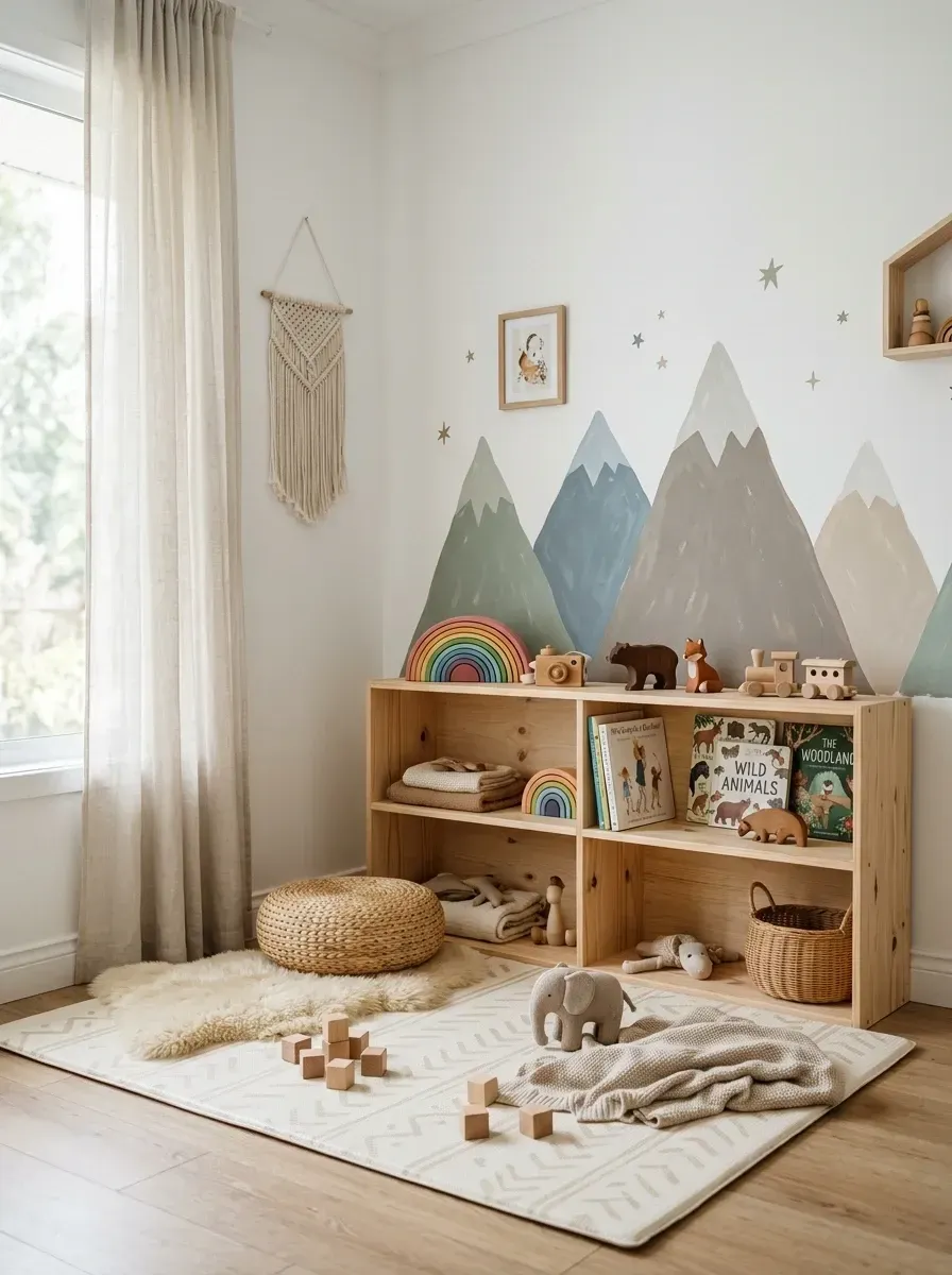 Toddler playroom with a hand-painted mountain mural in muted blues and greens on a bright white wall, low natural pine open shelving with rainbow stacker toys and books, large washable cotton play rug, and a small woven jute pouf
