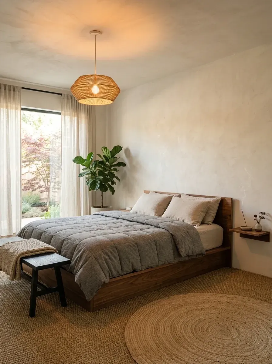 Japandi bedroom with limewash walls, walnut platform bed, layered jute rugs, and a large woven rattan pendant casting warm diffused light