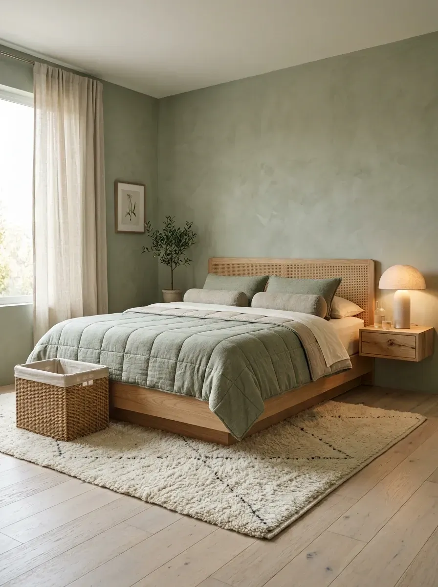 Sage green limewash bedroom with light oak cane headboard, plush boucle area rug, mushroom table lamp, and an olive tree in the corner