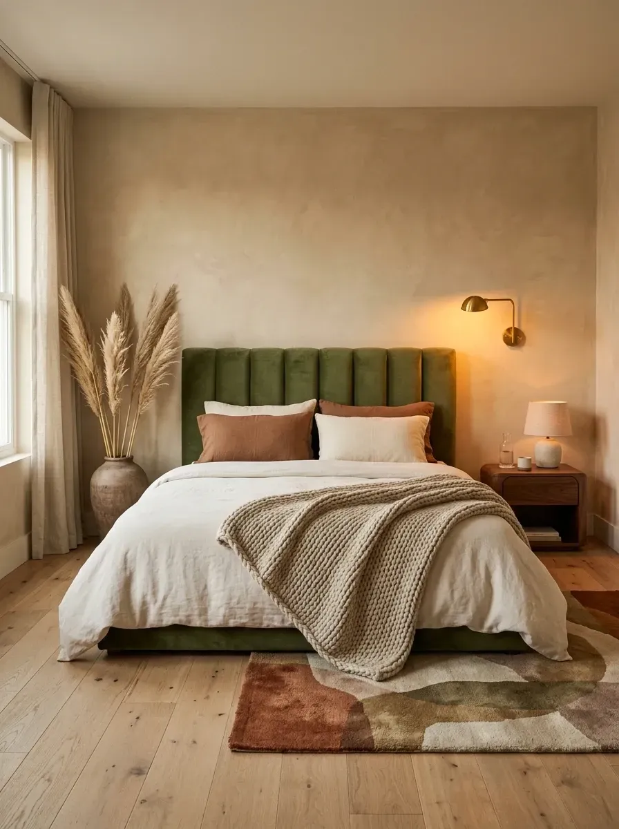 Olive velvet channel-tufted bed with chunky knit wool throw, brass wall sconce, terracotta accents, and a tan plaster wall finish