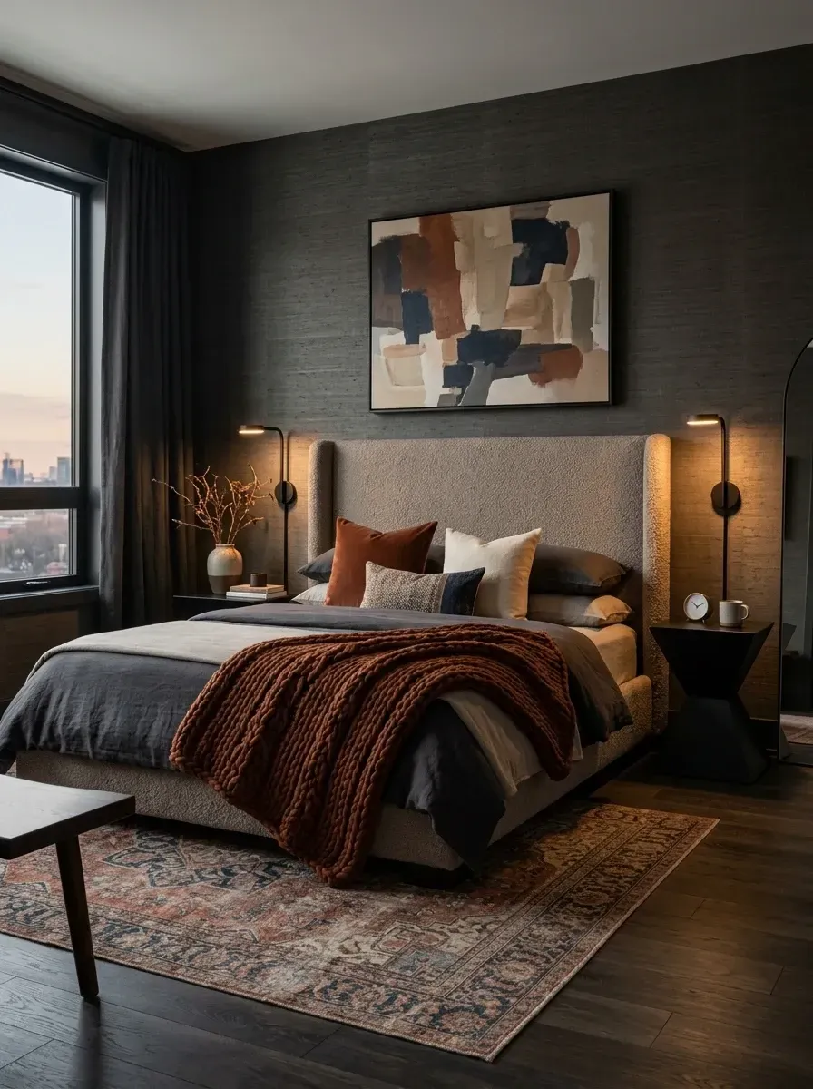 Dark charcoal textured wallpaper bedroom with oatmeal boucle upholstered bed frame, rust chunky throw, modern black wall sconces, and large abstract art