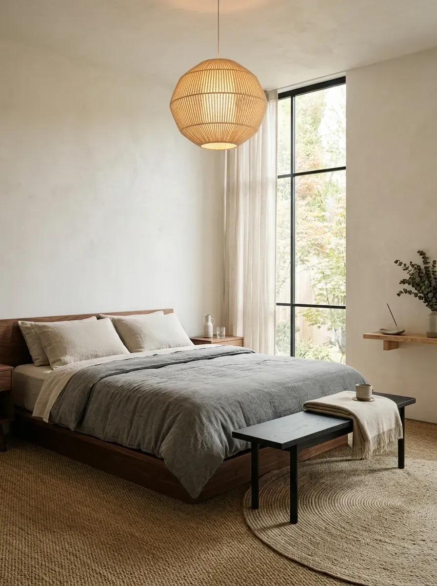 Minimalist Zen bedroom with low walnut platform bed, oversized bamboo pendant, large steel-frame window, linen bedding, and a black bench