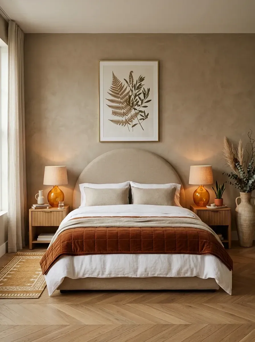 Bedroom with arched upholstered headboard, fluted oak nightstands, two amber glass table lamps casting golden light, and a rust velvet quilt