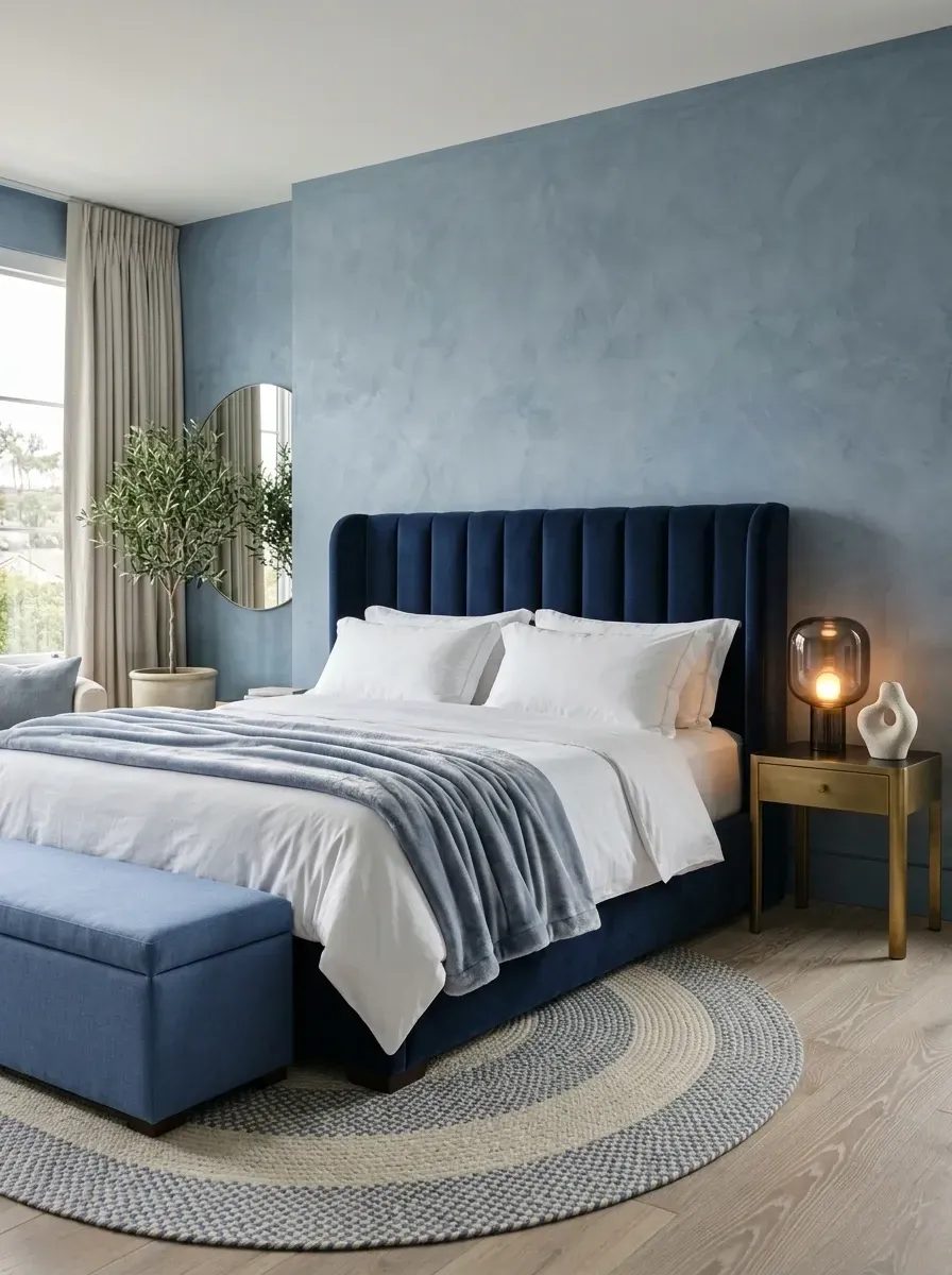 Deep sapphire blue velvet channel-tufted bed with matching storage bench, blue textured walls, polished brass side table, and a round braided rug