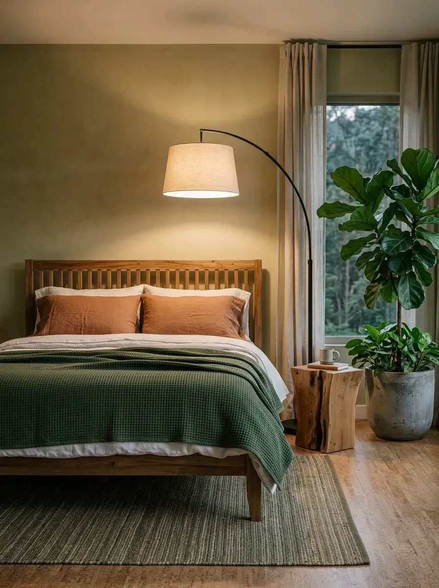 Biophilic bedroom with mossy green limewash walls, spindle wood bed, live-edge stump side table, arc floor lamp, and a large fiddle leaf fig
