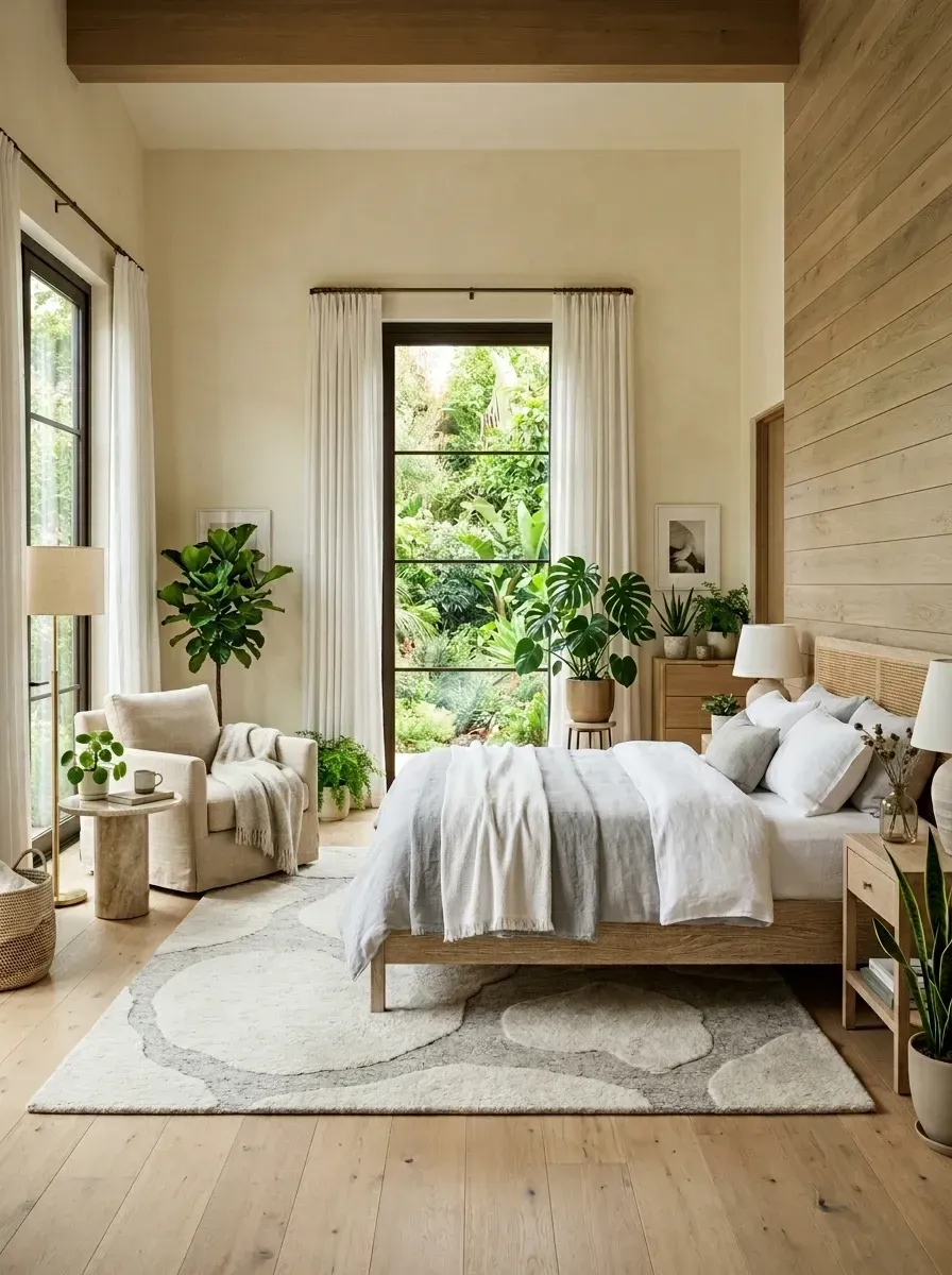 Organic minimalist bedroom with a full-height shiplap wood accent wall behind the bed, floor-to-ceiling window framing a garden, natural linen bedding, stone side table, and large fiddle leaf fig and monstera plants