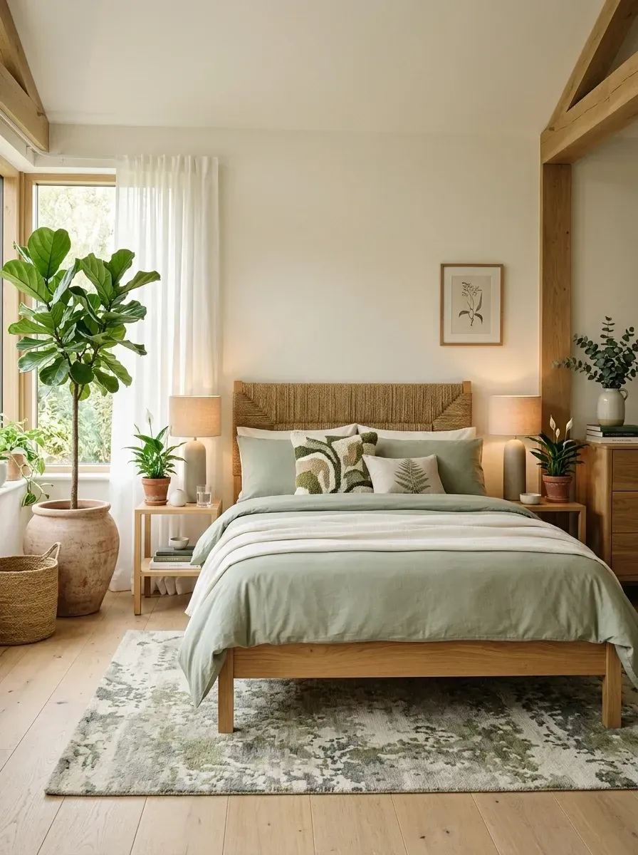 Boho-chic bedroom with a woven jute headboard, exposed wood ceiling beams, sage green bedding, a large terracotta planter holding a fiddle leaf fig, and a natural jute rug