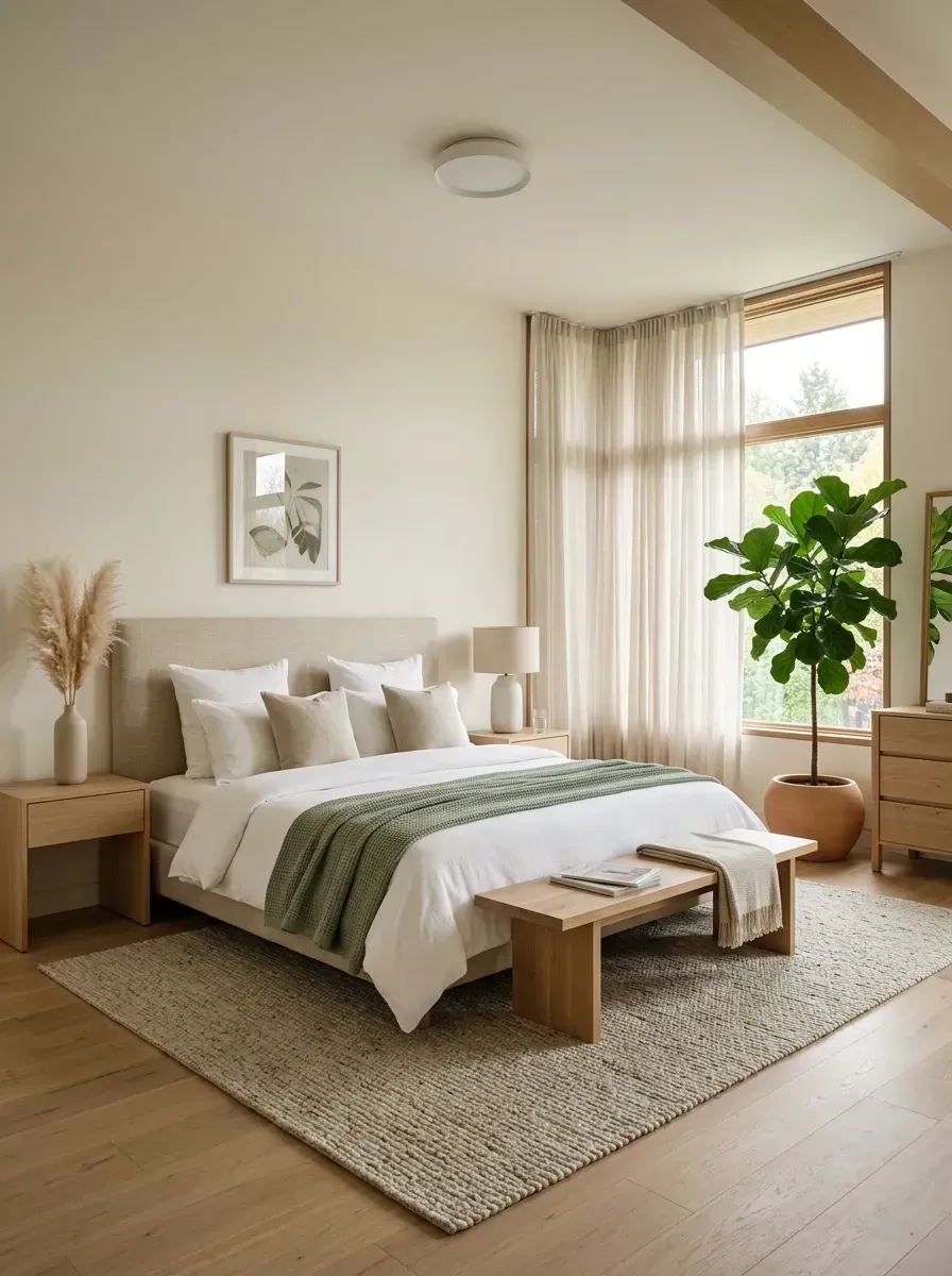 Scandinavian-style bedroom with a large corner window framing trees, a minimalist solid-wood bench, a neutral upholstered bed, a single fiddle leaf fig in a terracotta pot, and pampas grass in a vase