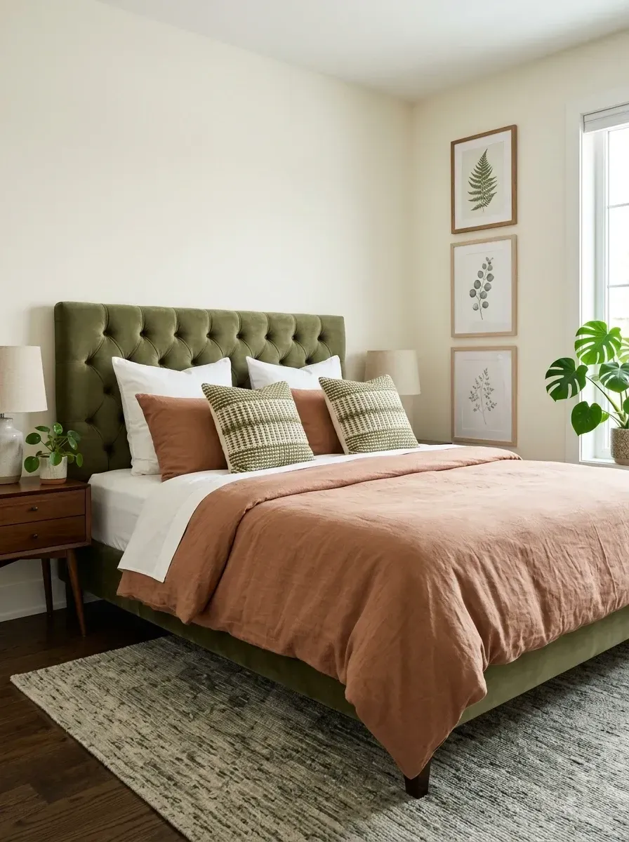 Mid-century modern bedroom with a green velvet tufted headboard, terracotta linen duvet, a gallery wall of framed botanical prints, a walnut nightstand, and a geometric table lamp