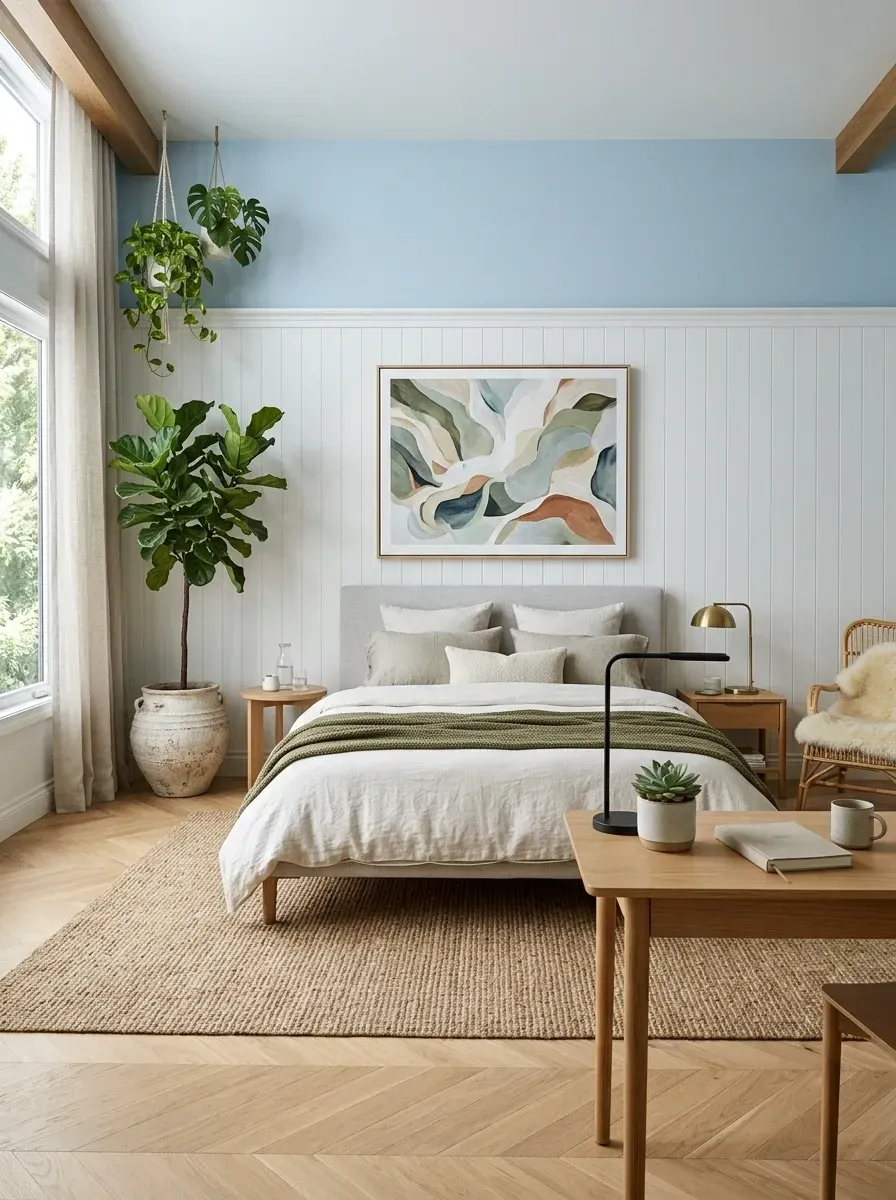 Coastal bedroom with herringbone wood flooring, two-tone walls of white beadboard wainscoting under a sky-blue upper section, exposed ceiling beams, hanging plants, a fiddle leaf fig, and a rattan accent chair