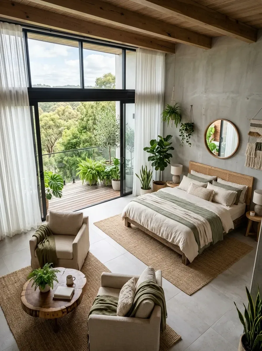 Industrial-luxury bedroom with raw concrete walls, a warm wood plank ceiling and exposed beams, a massive sliding glass door opening to a planted balcony, a rattan bed, layered rugs, and abundant plants