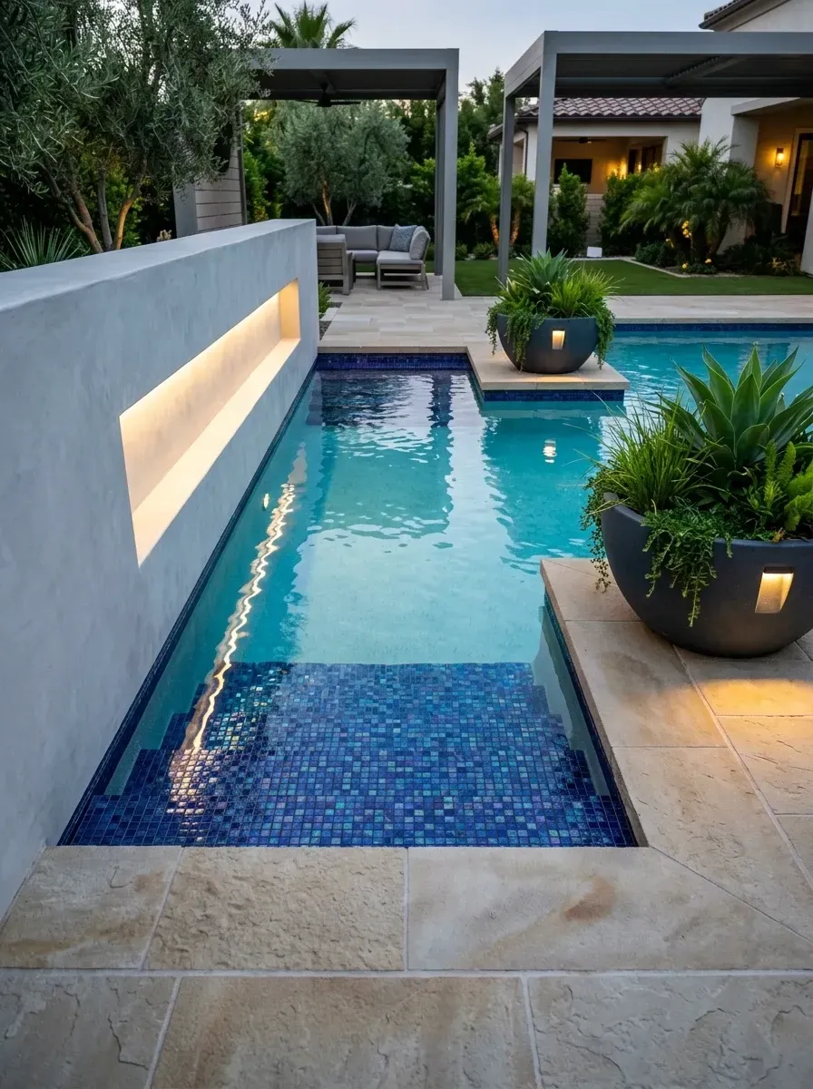 Modern minimalist rectangular pool with a recessed LED concrete feature wall, a mosaic-tiled spa, sculptural round concrete planters holding agave, large-format stone pavers and a louvered aluminum pergola in the background