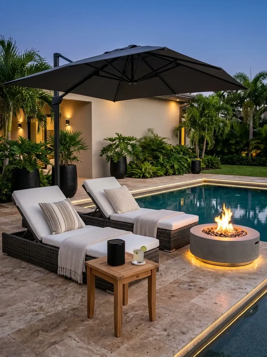 Travertine-paved poolside lounge with two woven chaise lounges, plush off-white cushions, a large cantilever umbrella, a round concrete fire pit, a teak side table, large black planters and warm LED channel lighting along the pool edge