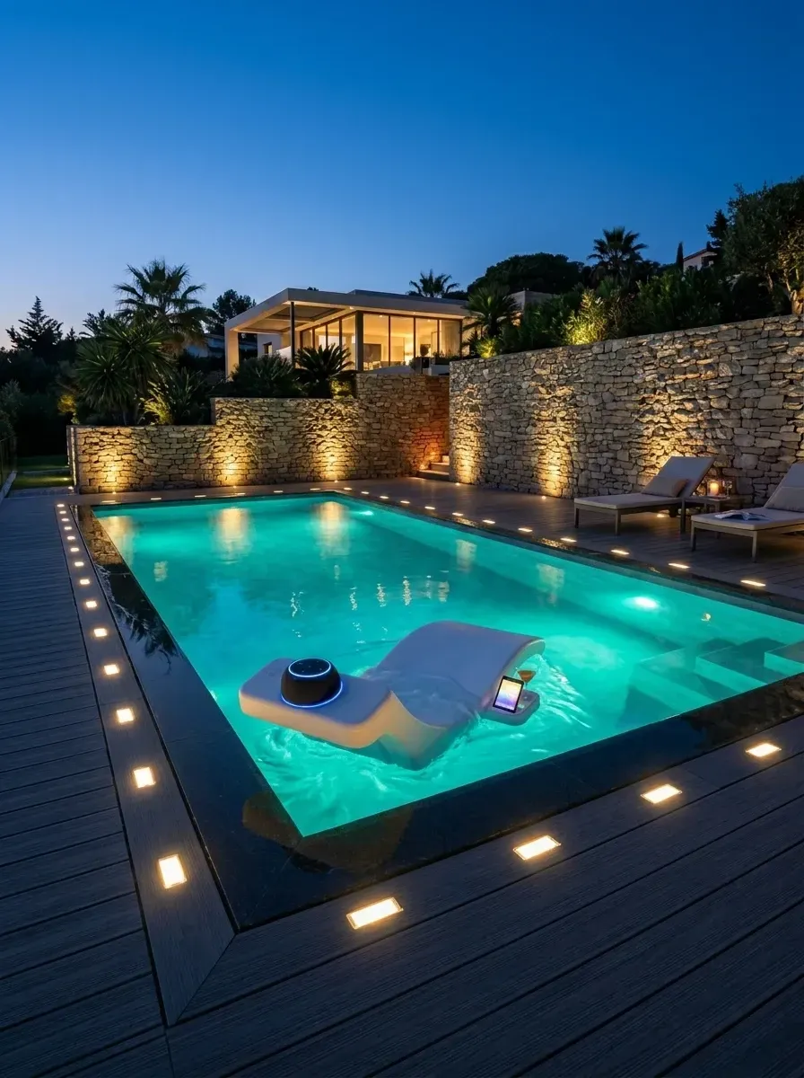 Pool at night with vibrant turquoise water lighting, warm uplights washing a textured stone retaining wall, integrated deck lights along dark composite decking, and a tech-enabled floating pool lounger