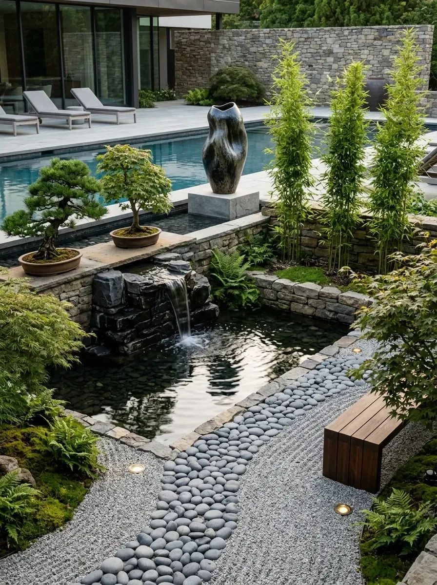 Japanese-inspired poolside garden with a cascading waterfall flowing into a pebbled pond, dark river stones and ferns, a stepping-stone path through light grey pebbles, pruned bonsai trees, a tall bamboo hedge and a tall abstract sculpture