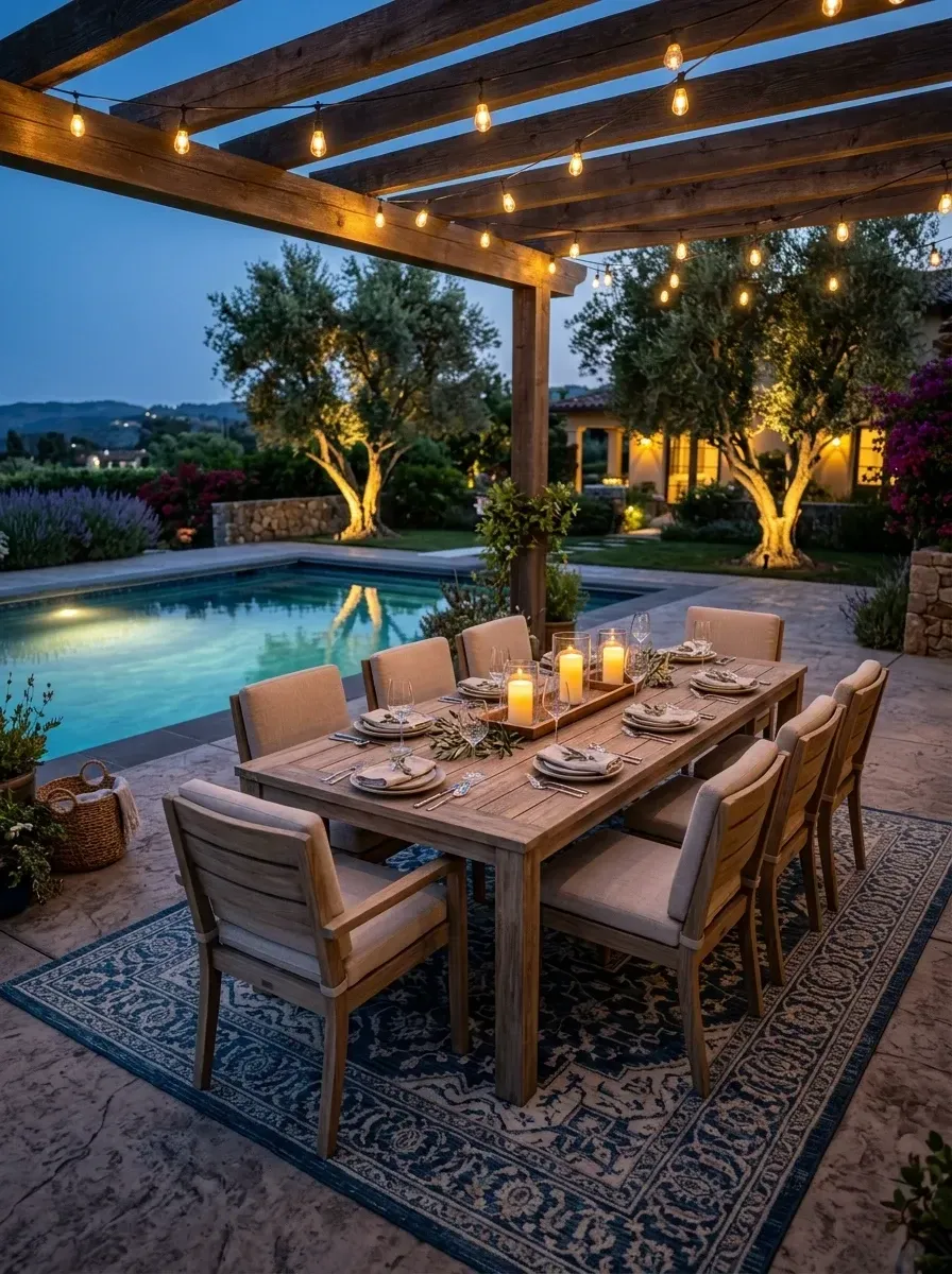 Substantial wood pergola at the pool's edge strung with warm bistro lights, a long teak dining table set for eight with upholstered chairs, a deep-blue patterned outdoor rug and a centerpiece of pillar candles and olive branches