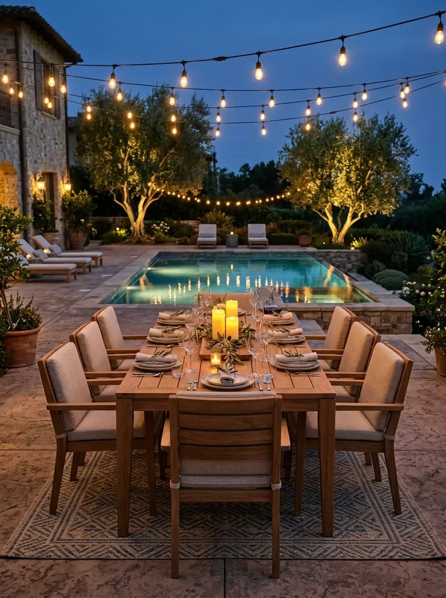 Open-air poolside dining with multiple strands of overhead bistro string lights forming a canopy, a long teak dining table and eight teak chairs with light beige cushions, a geometric outdoor rug and a natural centerpiece of olive branches and pillar candles