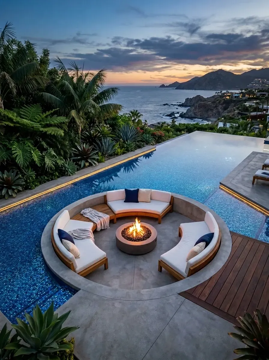 Circular sunken concrete lounge built into an infinity-edge pool overlooking an ocean view, with curved built-in benches, plush white cushions, navy accent pillows, a central fire pit, teak decking accents and integrated LED bench lighting