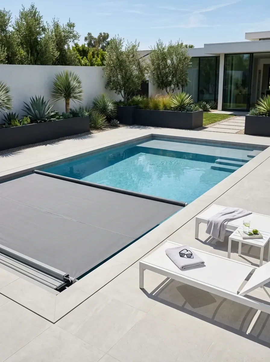 Rectangular modern pool with a partially deployed grey fabric automatic cover, large-format light grey porcelain tile decking, long minimalist dark grey metal planters with architectural grasses and two white aluminum sun loungers