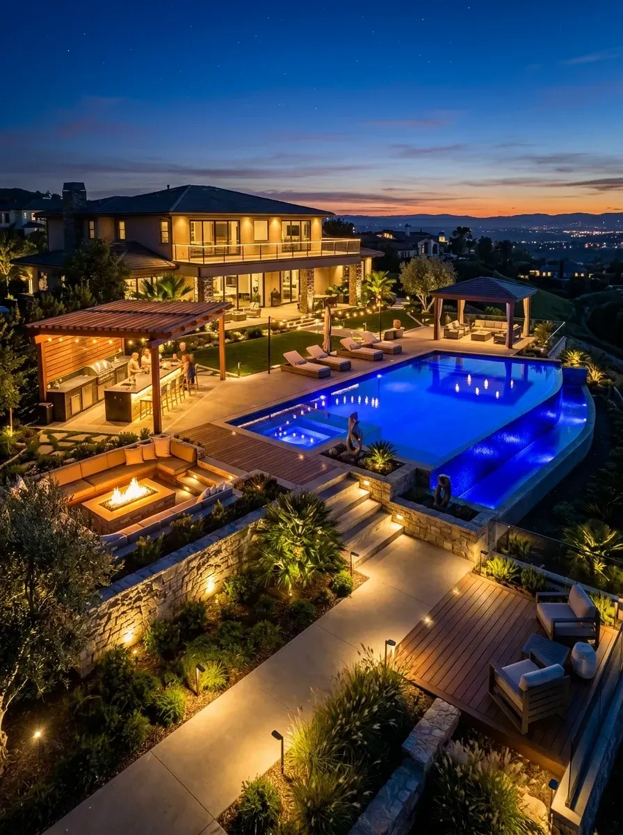 Expansive multi-level backyard resort with a large custom pool featuring a shallow shelf and infinity edge lit in cobalt blue, a full outdoor kitchen and bar under a pergola, a sunken fire-pit lounge, multiple gazebos and seating areas connected by stone paths and stairs, all with extensive landscape lighting