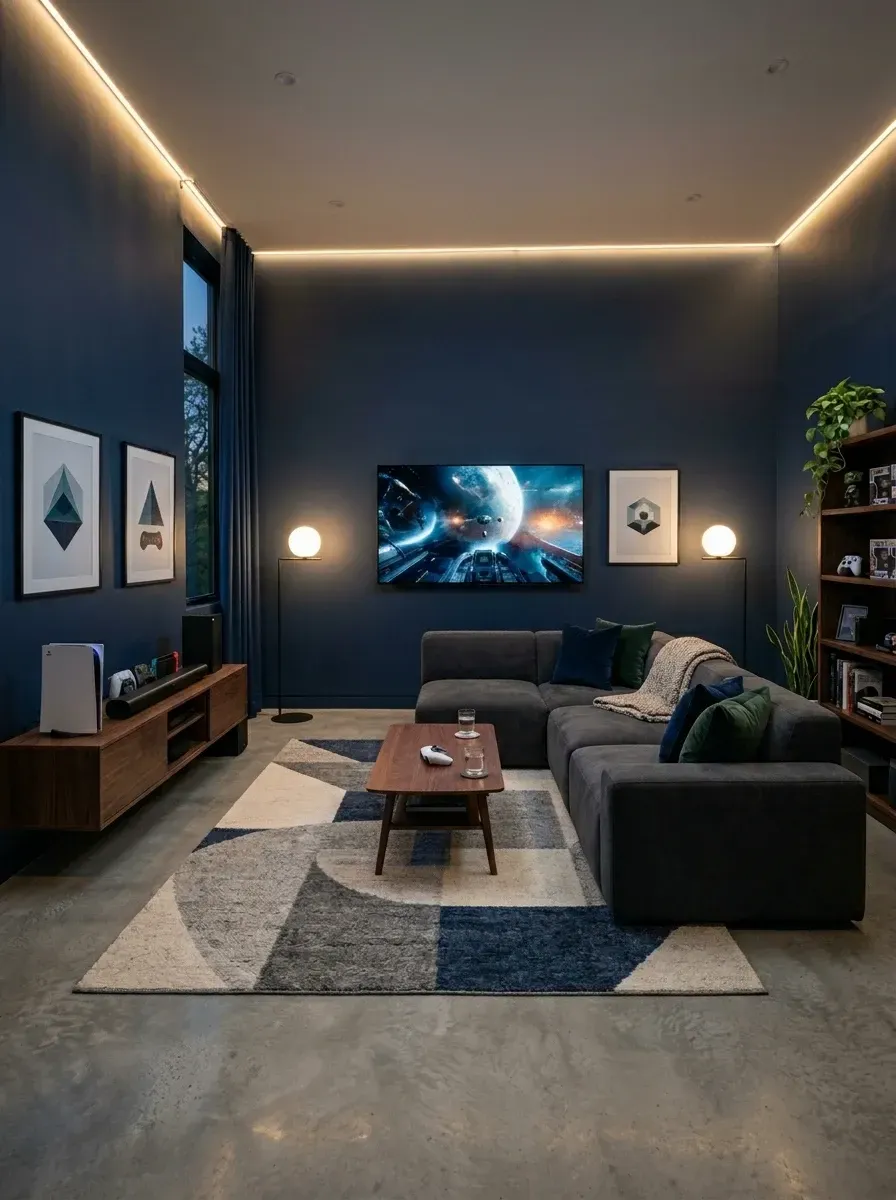 Moody minimalist media lounge with deep navy walls in Benjamin Moore Hale Navy HC-154, polished concrete floor, large charcoal Article Sven sectional, walnut media console, globe floor lamps, integrated WAC LED cove lighting and framed geometric wall art