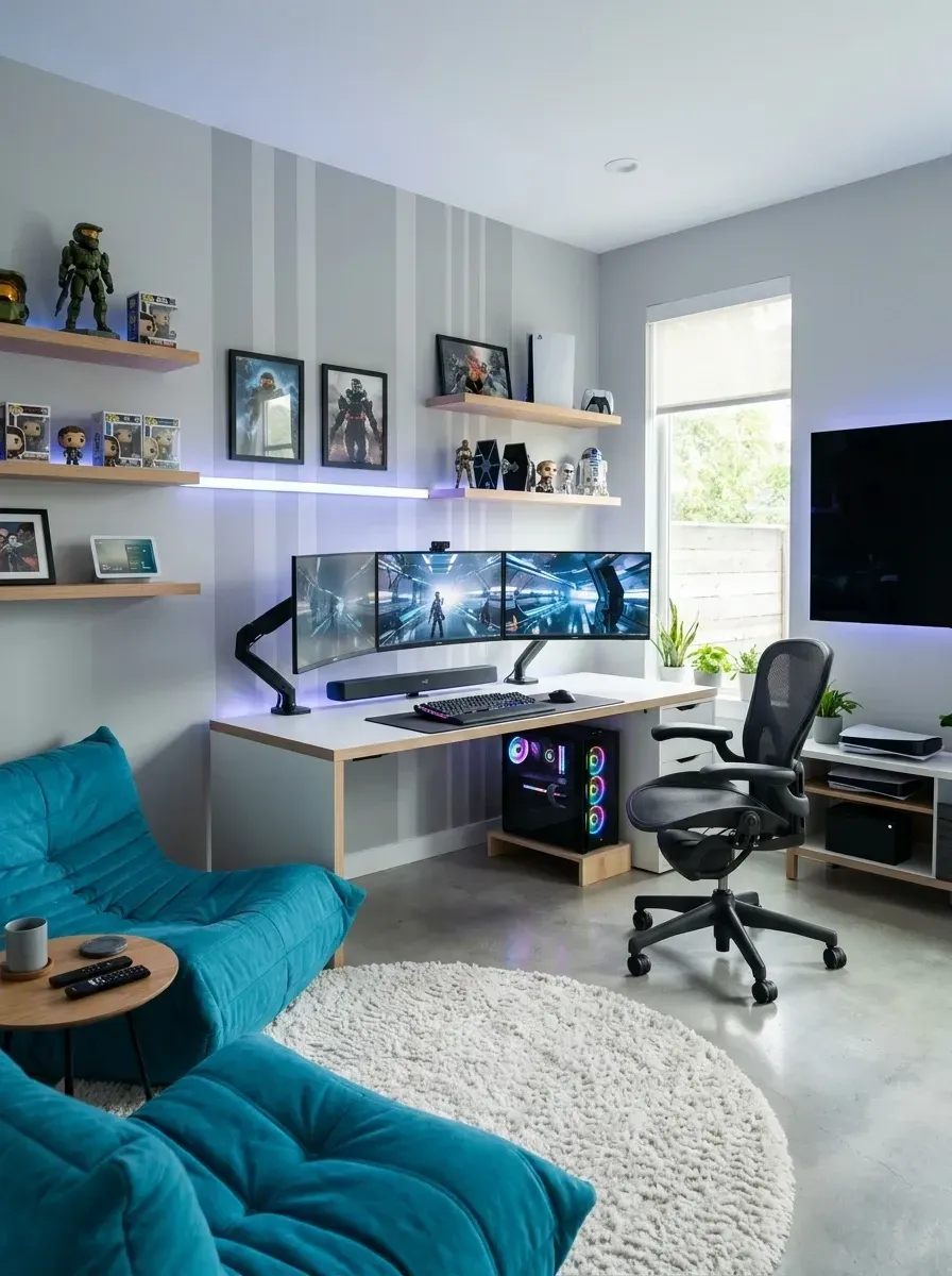 Bright multi-purpose game room with light grey vertical-stripe walls, long white IKEA-style desk for a triple-monitor PC setup, vibrant teal Togo-style sofa from Ligne Roset Replica, Floyd floating wood shelves, ergonomic Herman Miller chair, round white shag rug and concrete floor