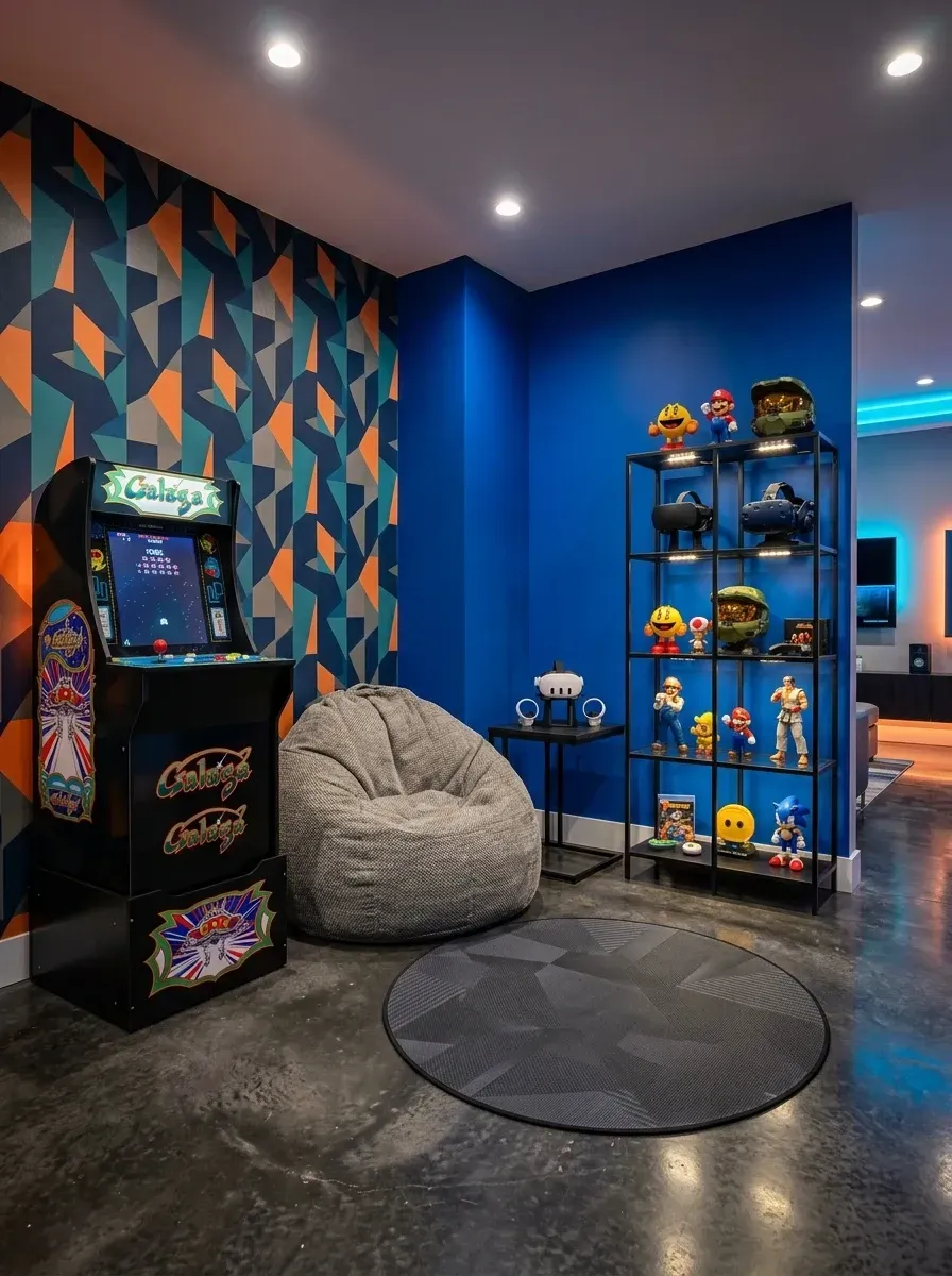 Retro arcade corner with bold geometric blue, orange and grey Hygge and West or Milton and King wallpaper, solid cobalt accent wall, Arcade1Up cabinet, large grey Lovesac bean bag, black metal IKEA Vittsjo display shelf with collectibles, LED strip lighting and round geometric mat