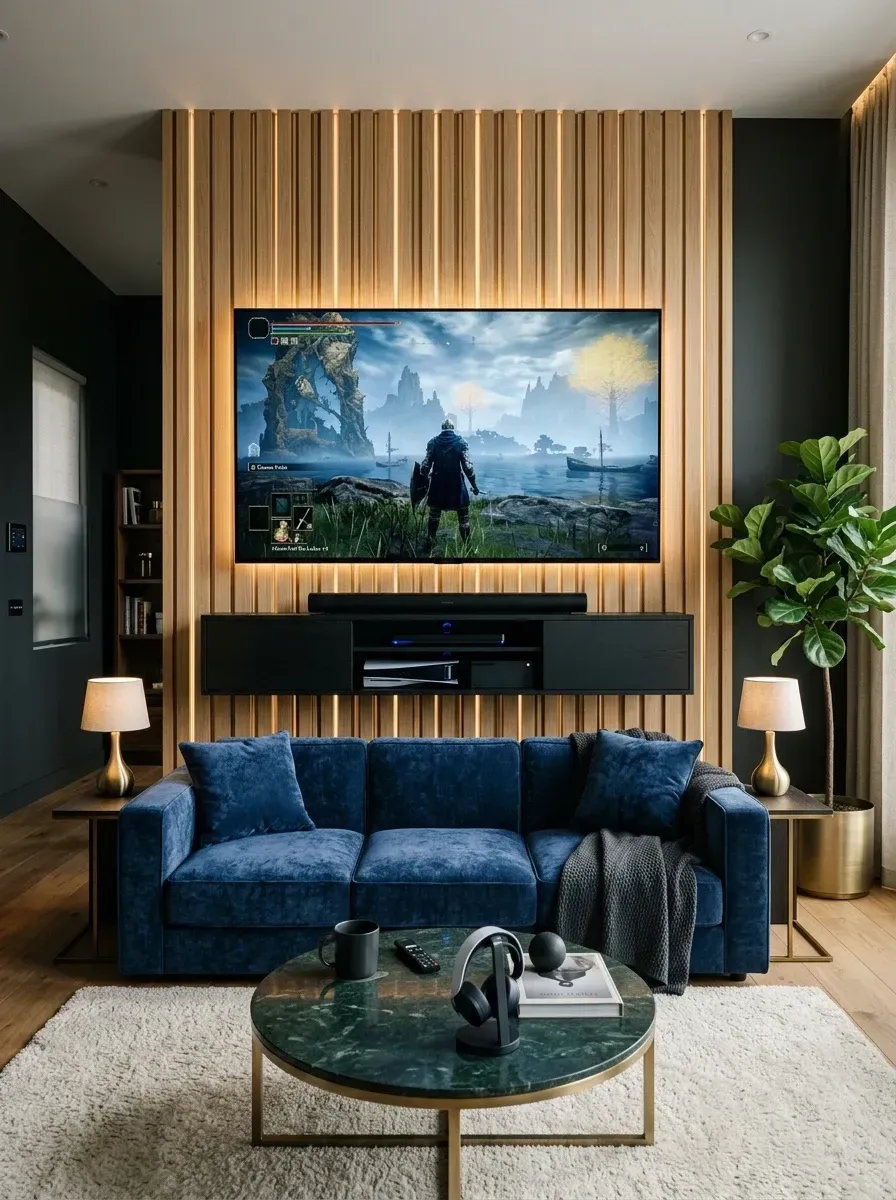 Elegant living room game space with floor-to-ceiling backlit white oak slat feature wall lit by warm WAC LED strips, sapphire blue velvet West Elm Andes sofa, green Verde marble Anthropologie coffee table with brass base, floating black BDI media console, brass table lamps, and a large fiddle leaf fig in a brass planter
