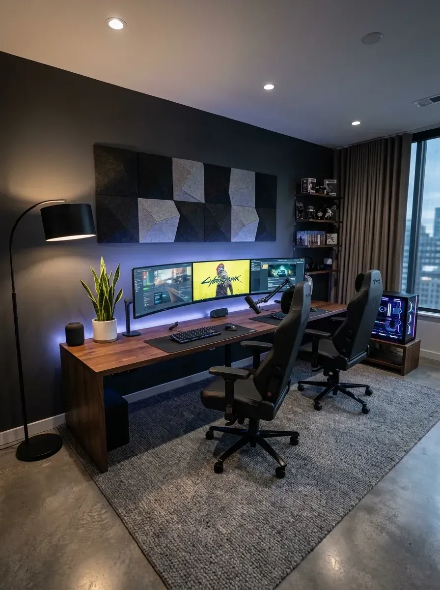 Dedicated dual-gamer room with custom 96-inch walnut Uplift V2 standing desk for two PC setups, dark charcoal walls in BM Wrought Iron, geometric Acoustimac sound-absorption panels in grey and black, two Herman Miller Embody chairs, snake plant and large grey textured area rug