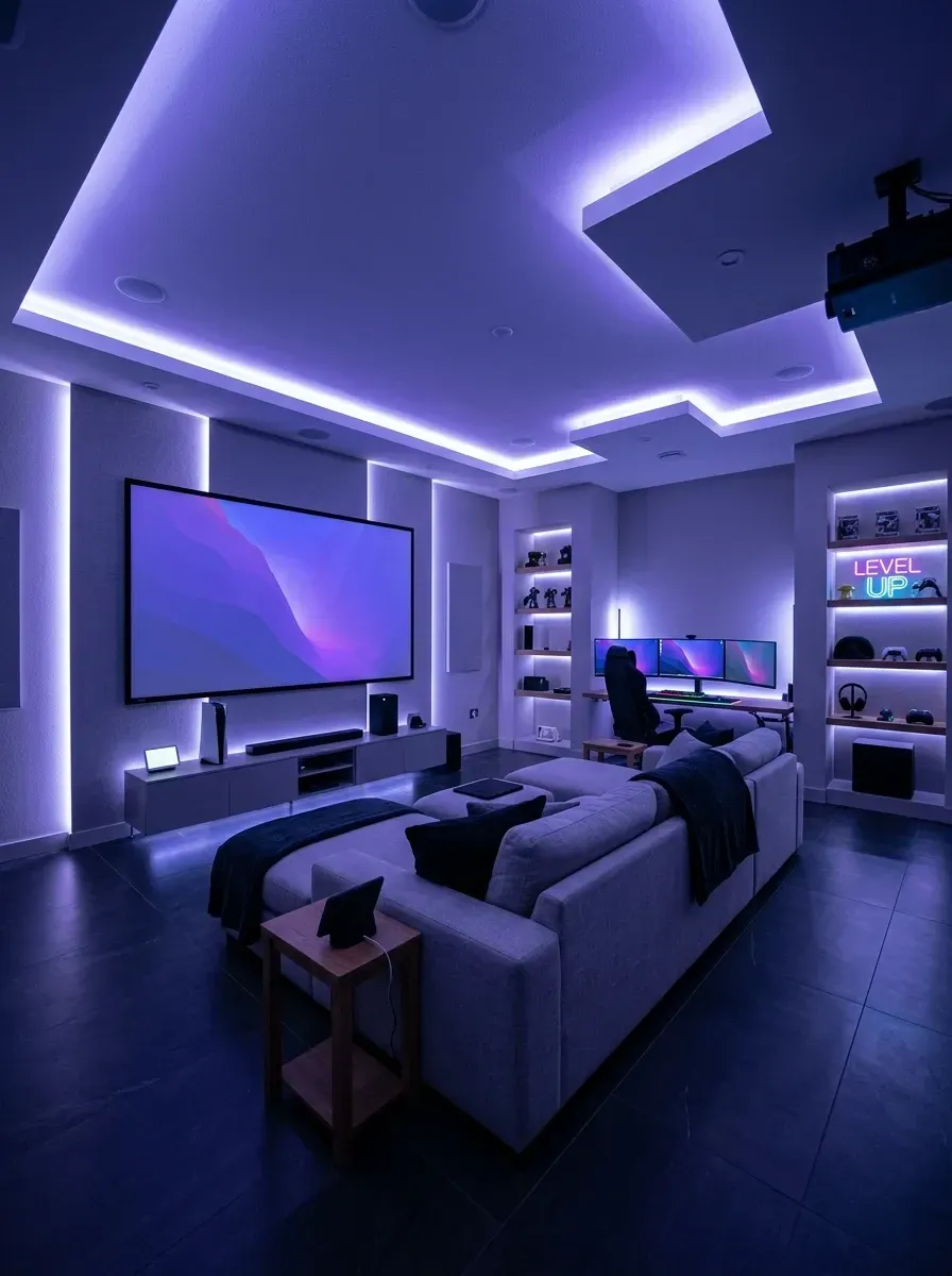 High-tech home theater with extensive Philips Hue and Govee integrated LED cove and vertical wall strips in dimmable purple and blue, large light grey sectional facing an Epson LS800 4K projector screen, custom built-in white oak display shelving on either side, and dark large-format porcelain floor tiles