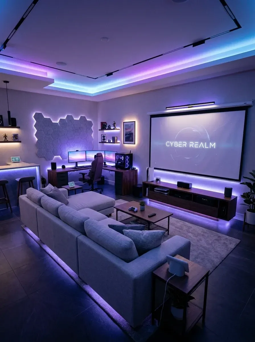 Expansive multi-zone entertainment basement with home theater area with Epson projector and large sectional, separate beverage station with quartz counter and stools, dedicated PC gaming corner with desk and Embody chair, unified by light greige walls, dark walnut media console, dark porcelain floor tiles and extensive Philips Hue purple-blue LED cove and Nanoleaf hexagon wall panels