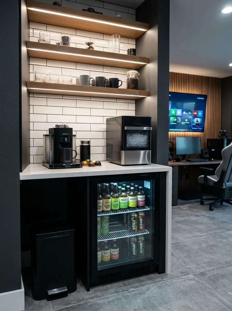 Sleek beverage station with custom matte black Semihandmade cabinetry, white Cambria Brittanicca quartz countertop, white subway tile backsplash with dark grout, white oak Floyd floating shelves with WAC LED strip lighting, Summit Appliance beverage fridge, GE Profile Opal nugget ice maker and Breville Barista Express espresso machine
