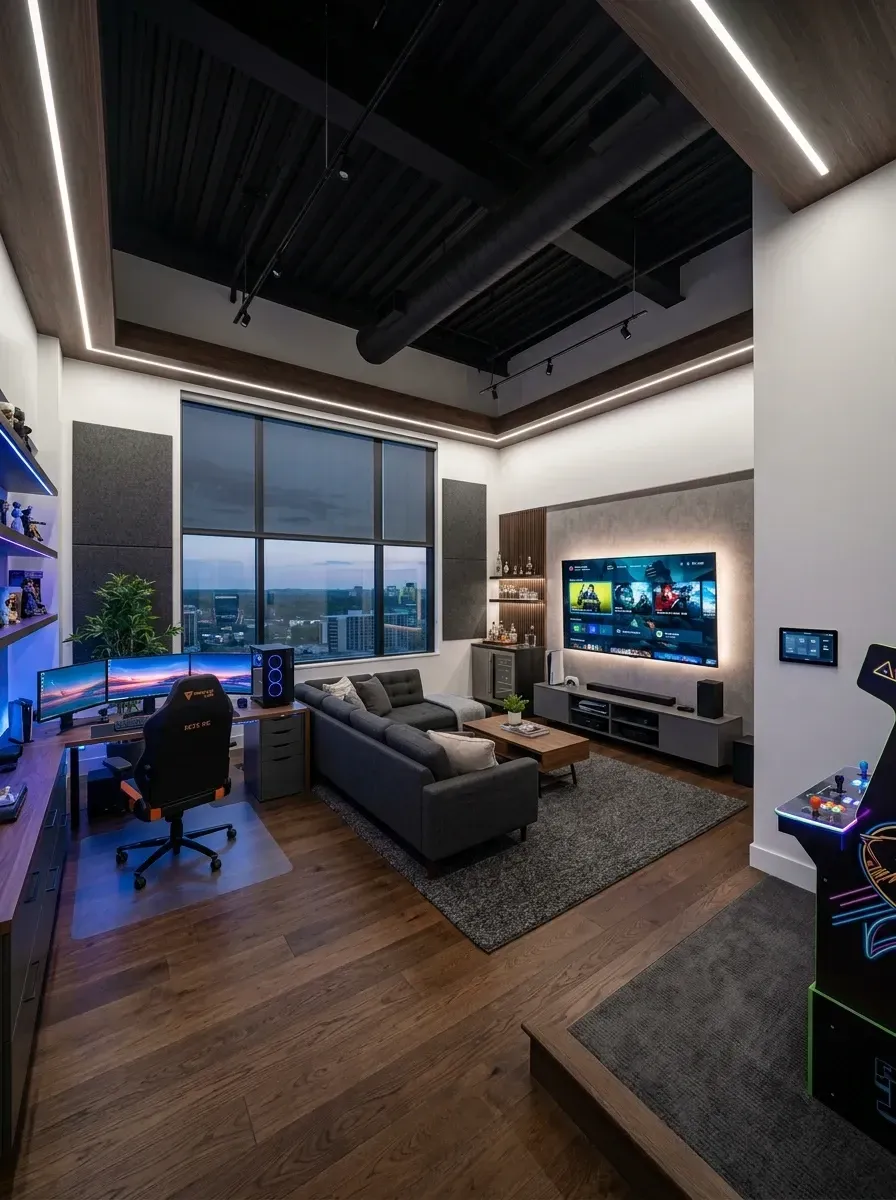 Industrial loft game room with high exposed black painted ceiling structure, large floor-to-ceiling Marvin Modern windows with city view, dark stained white oak wide-plank floors, large dark grey Article Sven sectional, PC gaming setup with Embody chair, restored vintage arcade machine, Acoustimac panels and Juno Trac-Master track lighting