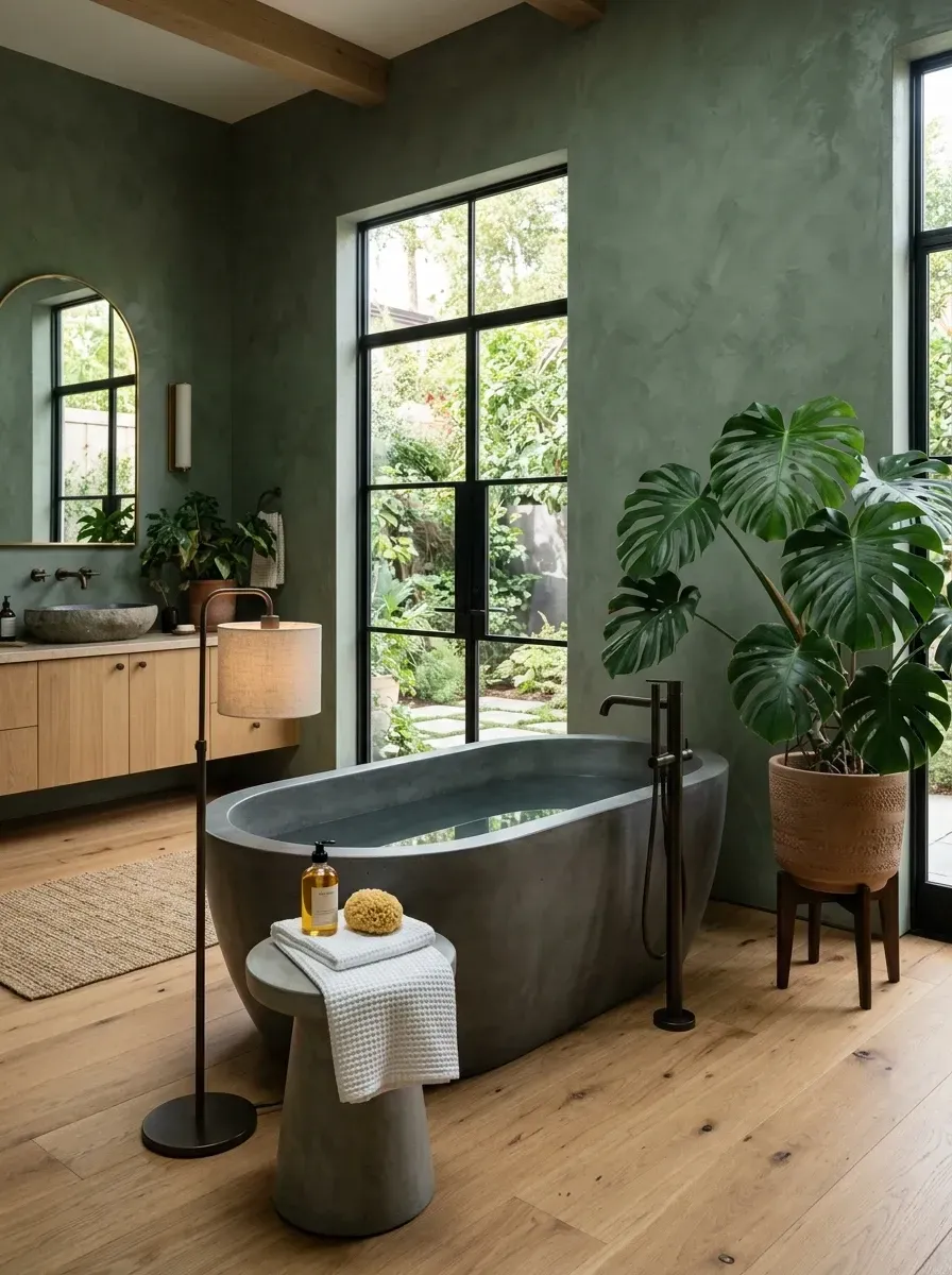 Biophilic primary bathroom with sage green lime wash walls, freestanding concrete soaking tub, floor-to-ceiling black-framed steel windows opening to a garden, light white oak floating vanity, and large Monstera plant