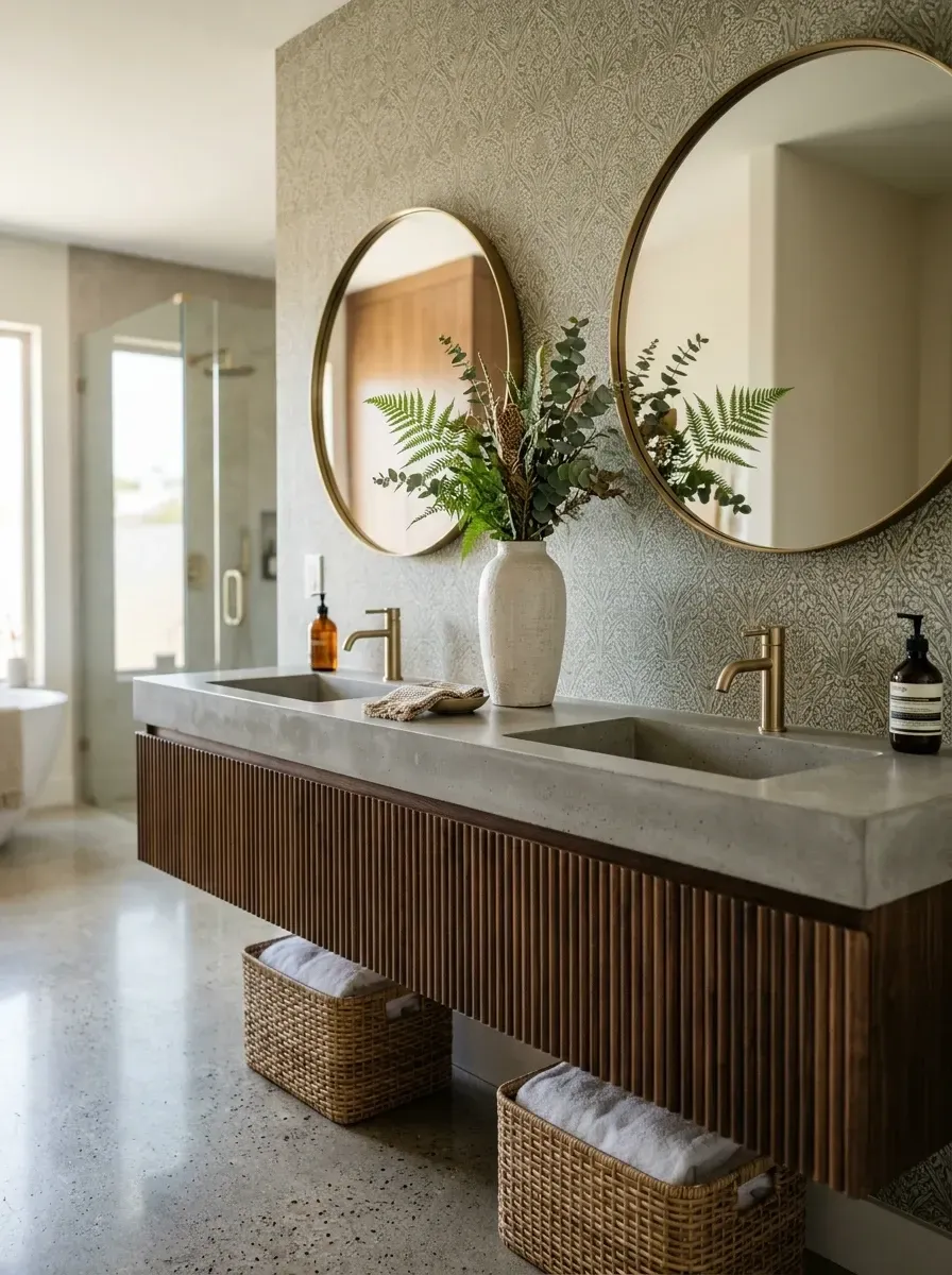 Biophilic bathroom with William Morris-style botanical wallpaper, long fluted walnut floating vanity, integrated cast concrete countertop with double sinks, round brass mirrors, terrazzo-style concrete flooring