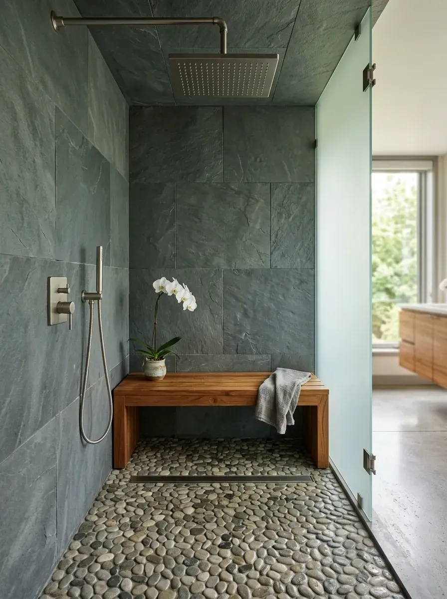 Biophilic walk-in shower with large format dark cleft slate wall tiles, multi-tone river pebble mosaic floor, floating teak shower bench, rain shower head, frameless glass panel