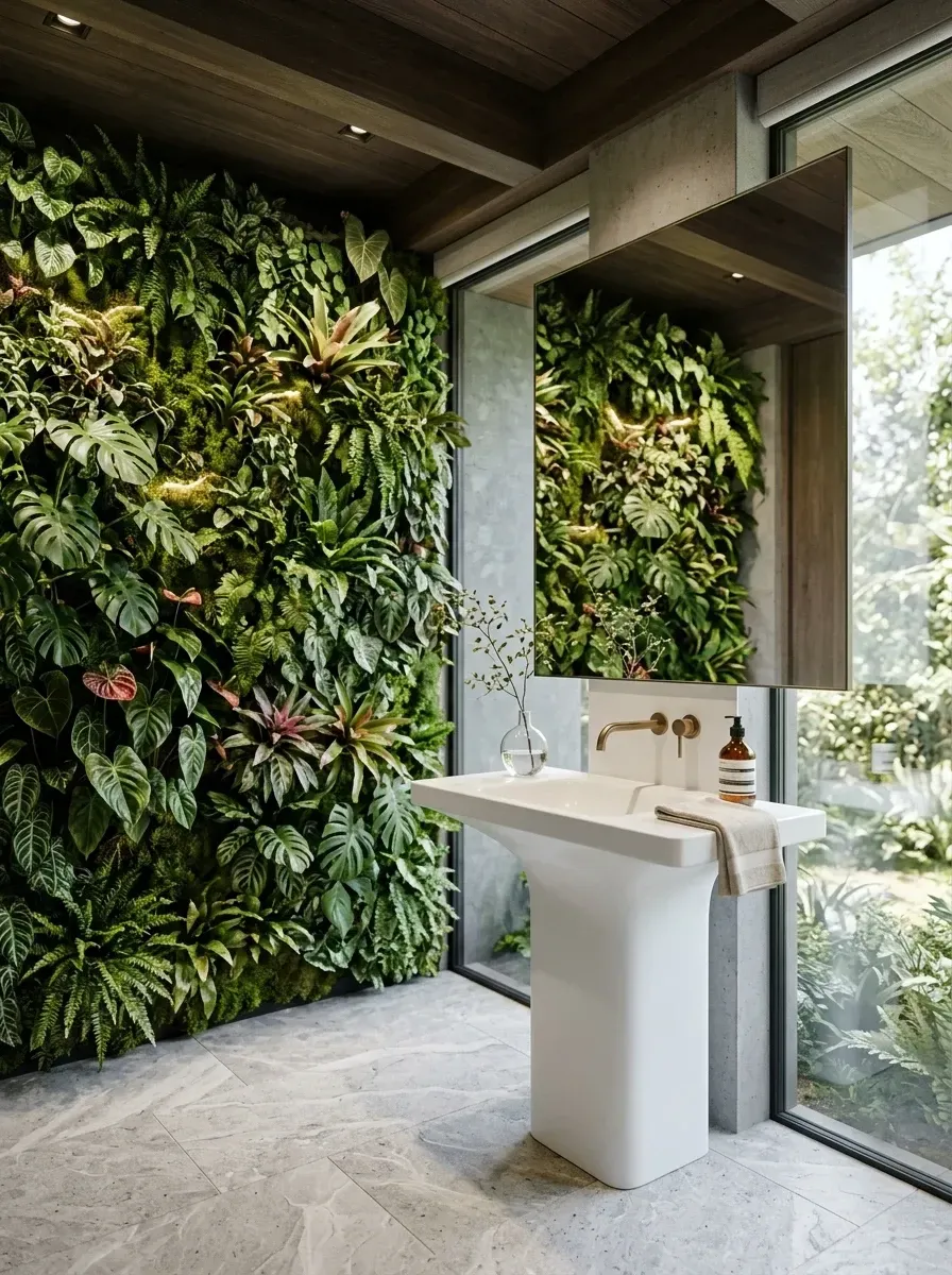 Maximalist biophilic bathroom with full floor-to-ceiling integrated living wall featuring ferns Monstera and bromeliads, sculptural white pedestal sink, wall-mount brass faucet, large format marble flooring