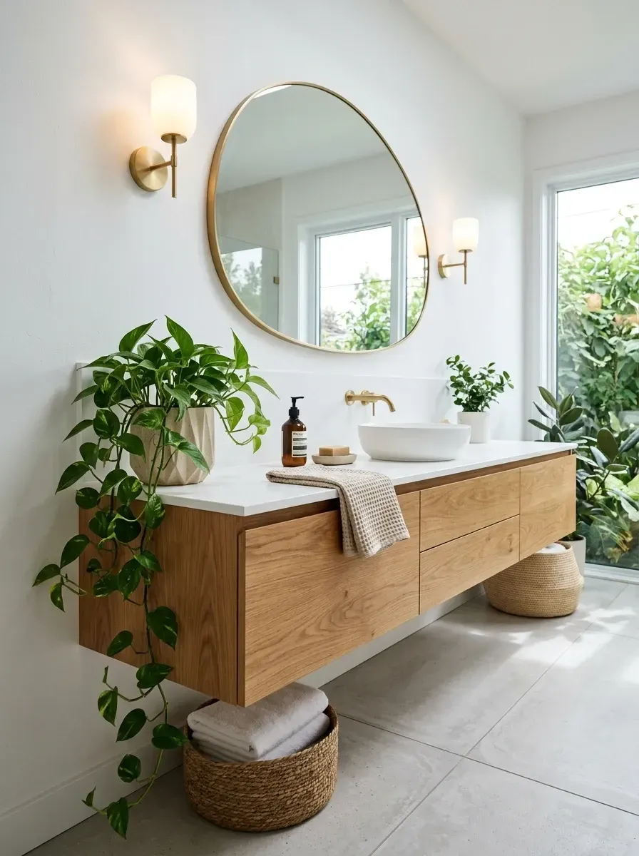 Scandinavian style biophilic bathroom with light oak floating vanity, white quartz countertop, ceramic vessel sink, asymmetrical brass mirror, abundant potted plants including pothos and floor plants
