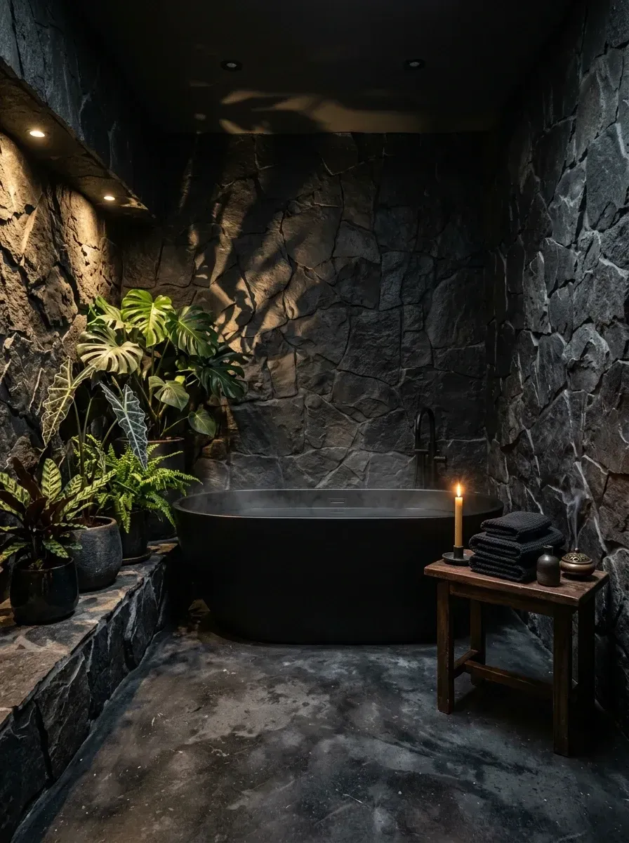 Moody dark biophilic bathroom with rugged black stacked stone veneer walls, matte black freestanding soaking tub, dark burnished concrete floor, dramatic spot lighting, large tropical foliage