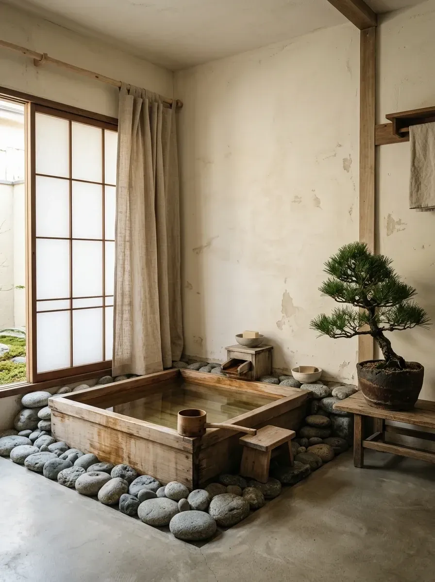 Wabi-sabi biophilic bathroom with traditional Japanese wooden Ofuro soaking tub in Hinoki cedar, river stone surround, aged distressed plaster walls, Shoji-style window screen, natural linen curtain