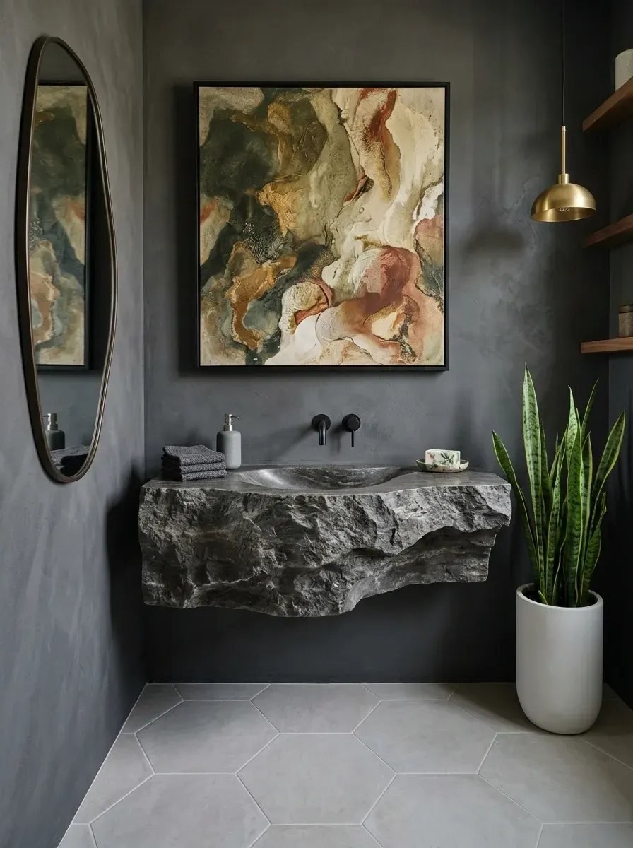Industrial organic powder room with floating rough-hewn integrated stone sink carved from single block, dark grey suede texture walls, matte black wall-mounted faucets, brass pendant light, large abstract earthen art
