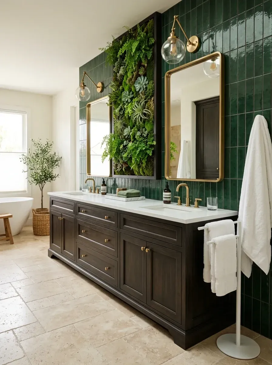 Structured biophilic bathroom with vertical stack emerald green glazed subway tile walls, dark espresso wood double vanity, framed preserved moss and succulent wall art, brass sconces and rectangular mirrors, beige travertine floor