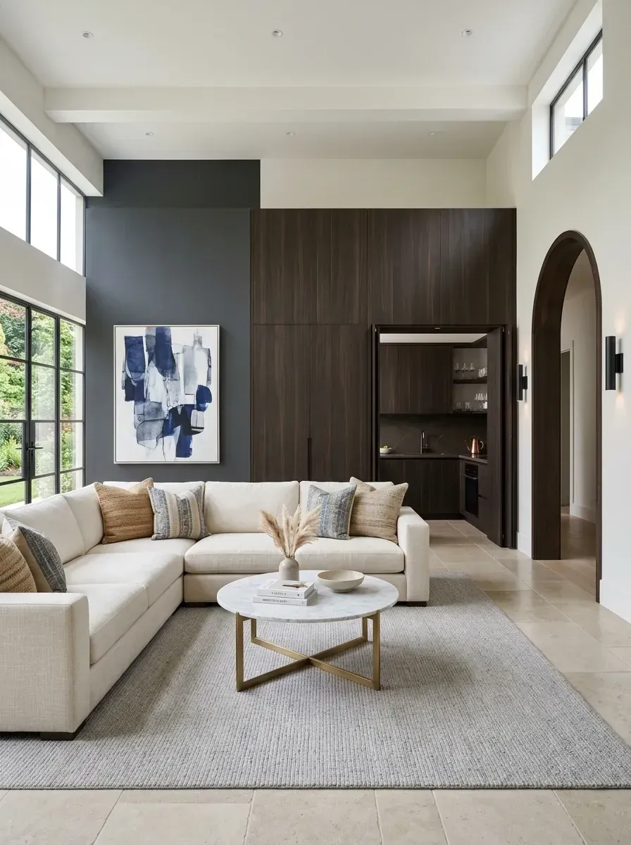 Open-plan living room with a fully functional wet bar tucked behind dark walnut pocket doors set into an arched doorway, large L-shaped linen sectional sofa, round Carrara marble and brass coffee table, large abstract wall art, and a 9 by 12 foot area rug