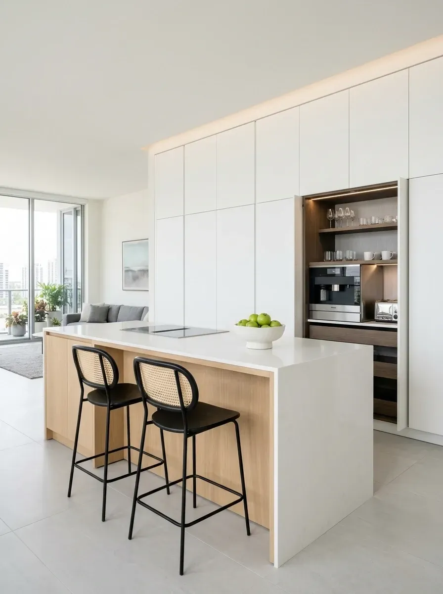 Floor-to-ceiling handleless white flat-panel cabinetry with a section that pocket-doors back to reveal a built-in appliance garage with coffee machine, toaster, and shelving for glassware, light oak waterfall quartz island, two cane and matte black bar stools, and integrated LED strip lighting