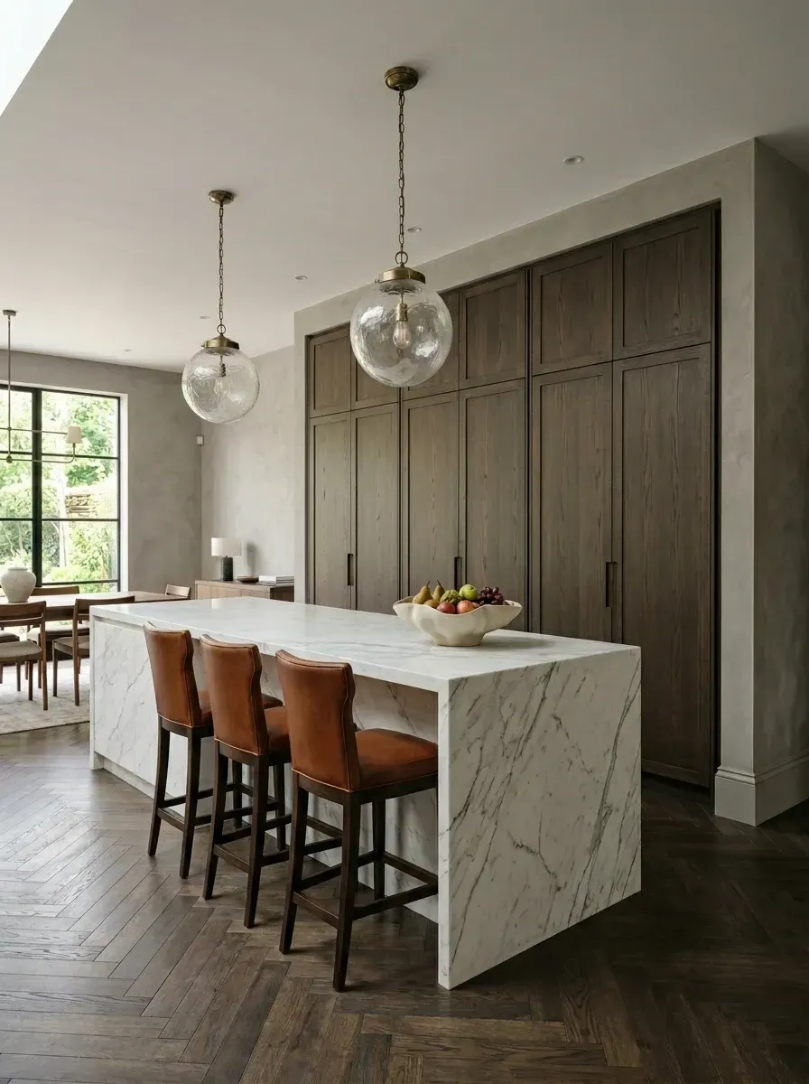 Massive Statuary marble waterfall island as sculptural centerpiece, floor-to-ceiling dark fumed-oak cabinet wall concealing walk-in pantry and panel-ready appliances with no visible hardware, three cognac leather and metal bar stools, two brass and glass pendant lights, herringbone medium-oak floors, and warm grey plaster walls