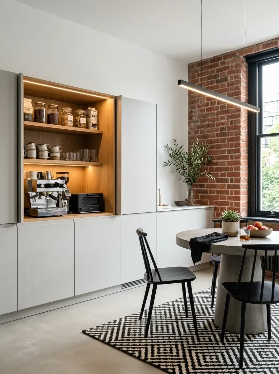 Industrial loft kitchen with exposed terracotta red brick wall, matte dove-grey flat-panel cabinetry, light oak appliance garage with lift-up door revealing espresso machine and toaster oven, round concrete dining table, three black spindle dining chairs, and a black linear LED pendant