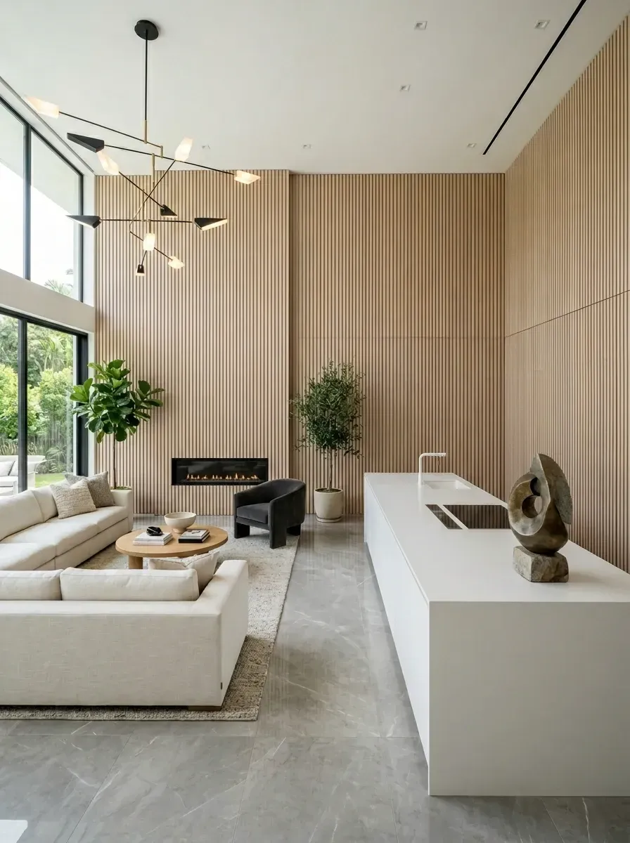 Expansive open-plan space with a single sculptural minimalist white quartz kitchen island acting as workspace, floor-to-ceiling natural light-oak vertical wood-slat wall integrating a linear gas fireplace and concealed storage, modern branch chandelier, large L-shaped sectional, large-format grey marble floor tile, and abstract sculpture