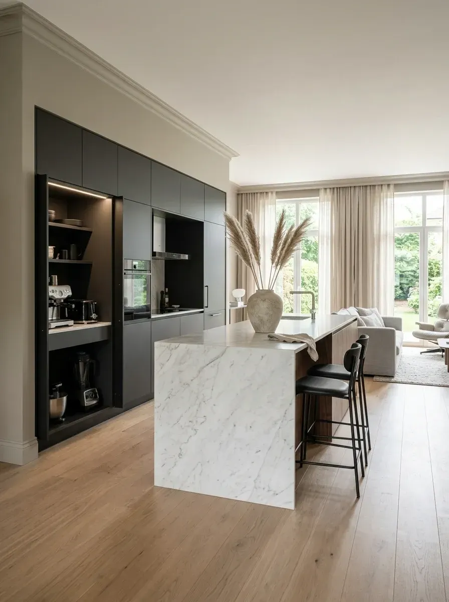 Moody open-plan kitchen with floor-to-ceiling matte dark-charcoal-grey cabinetry, large pocket-door retractable breakfast station revealing coffee machine, toaster, blender, and stand mixer, Carrara marble waterfall island, two black bar stools, and wide-plank light oak flooring