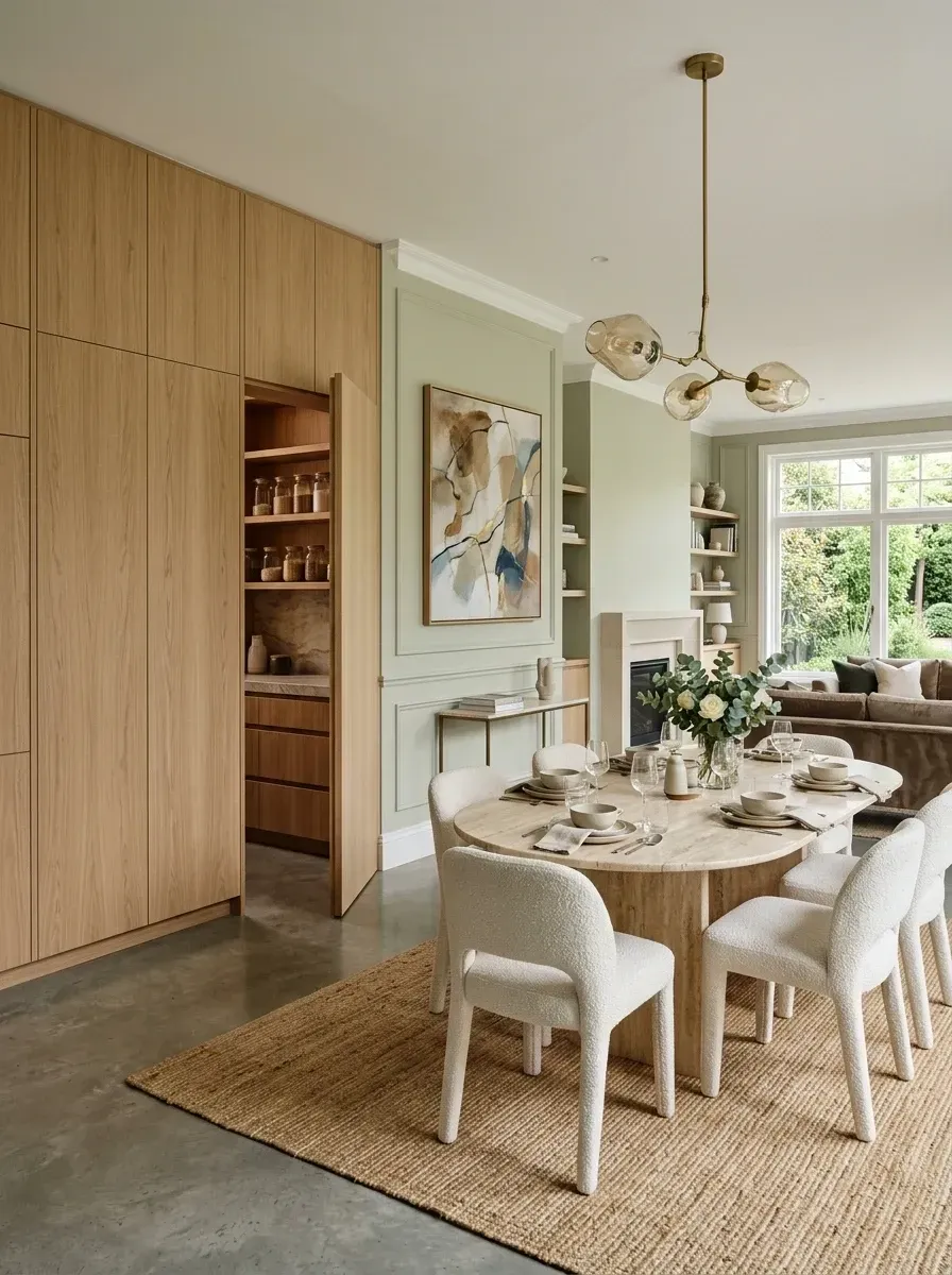 Scandinavian dining room with a floor-to-ceiling light-oak storage wall housing a hidden walk-in pantry behind a jib door with no visible hardware, oval travertine pedestal dining table, six cream boucle dining chairs, sage green wall paneling, and modern brass sputnik chandelier